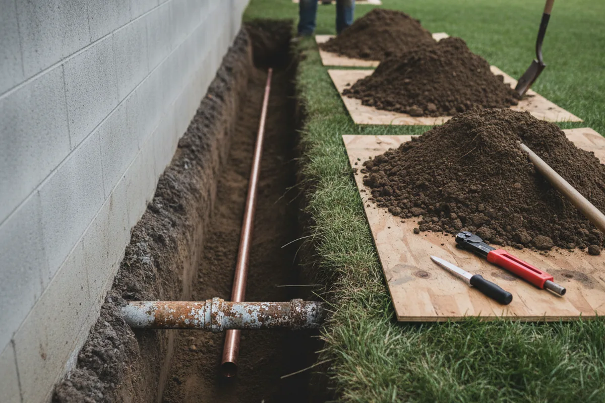 Excavated water line trench during Water Softener Installation in Newberry